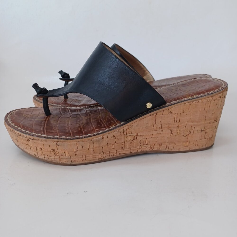 Sam Edelman Cork Wedge Sandals Black Leather Roy 3D Platform Shoes Womens 8.5 - Picture 2 of 15